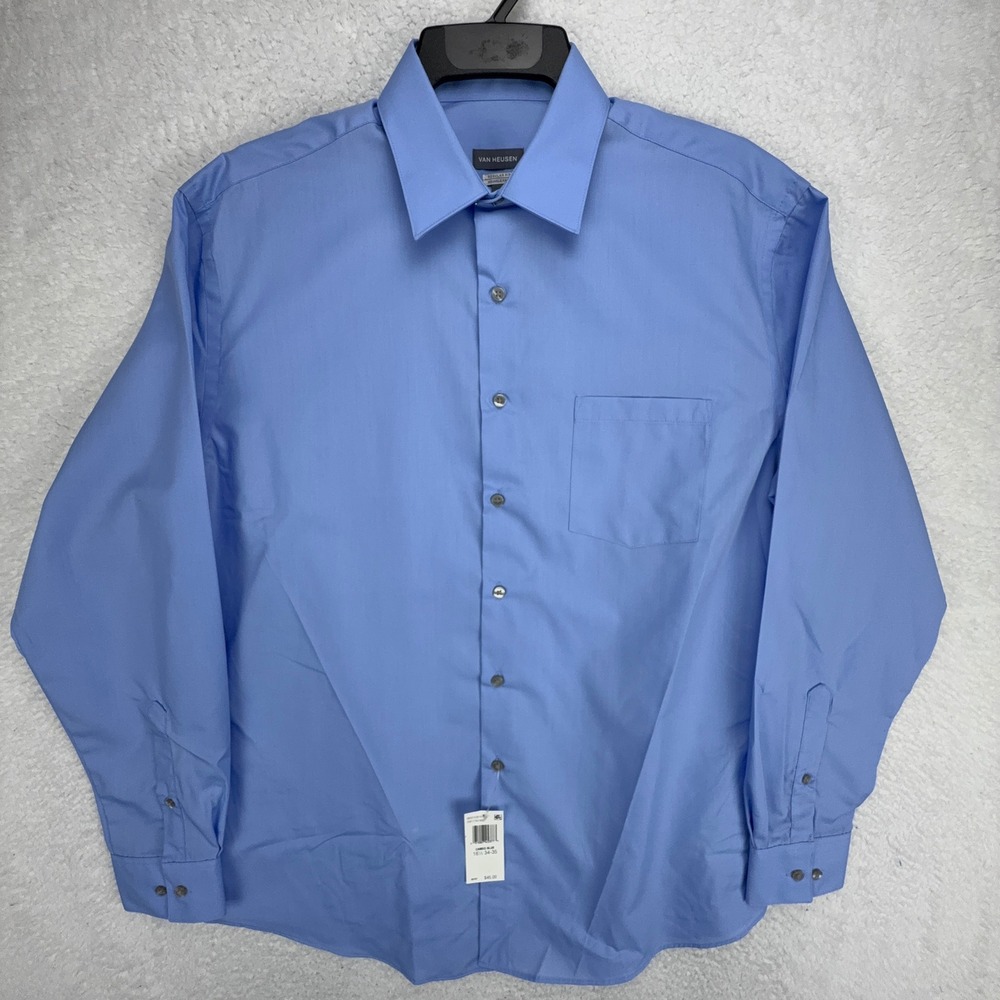 Van Heusen Mens Dress Shirt Blue Regular Fit Wrinkle Free 16.5 34/35 Large NWT